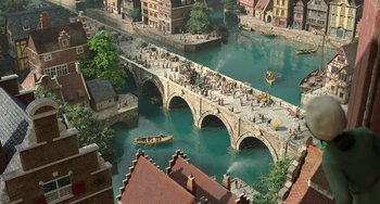 Movie still from “The Sea Beast” (2022), directed by Chris Williams – An aerial view of a bridge with people on it and boats on the water; Extreme Wide shot, High angle