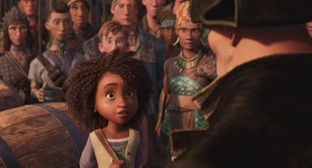 Movie still from “The Sea Beast” (2022), directed by Chris Williams – A group of people standing in a room; Medium shot, Over the shoulder angle