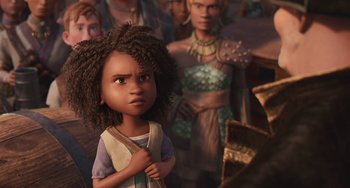 Movie still from “The Sea Beast” (2022), directed by Chris Williams – A young girl standing in front of a group of people; Medium shot, Over the shoulder angle