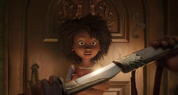 Movie still from “The Sea Beast” (2022), directed by Chris Williams – A young girl holding a knife in front of a door; Medium shot, Over the shoulder angle