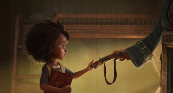 Movie still from “The Sea Beast” (2022), directed by Chris Williams – A person holding a guitar and a child holding a book; Medium shot, Over the shoulder angle