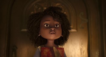 Movie still from “The Sea Beast” (2022), directed by Chris Williams – A black girl with a book in her mouth; Close Up shot, Low angle