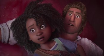 Movie still from “The Sea Beast” (2022), directed by Chris Williams – A couple of people that are looking at the camera; Close Up shot, Low angle