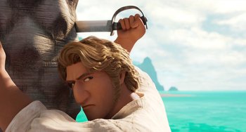 Movie still from “The Sea Beast” (2022), directed by Chris Williams – A statue of a man holding a sword in his hand; Close Up shot, Low angle