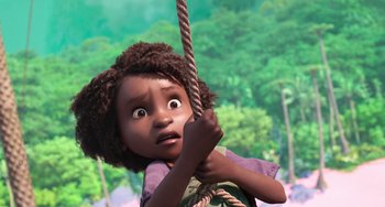 Movie still from “The Sea Beast” (2022), directed by Chris Williams – A little girl holding onto a rope and looking surprised; Medium shot, High angle