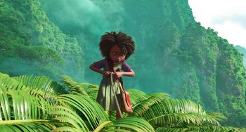 Movie still from “The Sea Beast” (2022), directed by Chris Williams – A woman holding a violin in a forest; Wide shot, Low angle