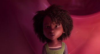 Movie still from “The Sea Beast” (2022), directed by Chris Williams – A girl with curly black hair standing in front of a pink background; Close Up shot, Low angle