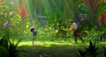 Movie still from “The Sea Beast” (2022), directed by Chris Williams – A man and a little girl in the woods; Wide shot, Over the shoulder angle