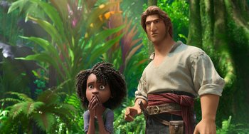 Movie still from “The Sea Beast” (2022), directed by Chris Williams – A young girl and an animated character stand in front of a jungle; Medium shot, Over the shoulder angle
