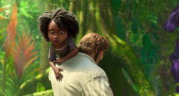 Movie still from “The Sea Beast” (2022), directed by Chris Williams – An animated scene of a man holding a little girl on his shoulders; Medium shot, Over the shoulder angle