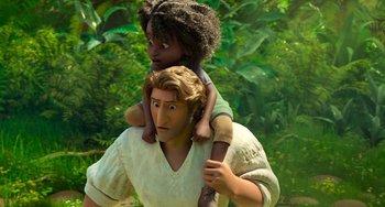 Movie still from “The Sea Beast” (2022), directed by Chris Williams – A man holding a little girl on his shoulders; Medium shot, Over the shoulder angle