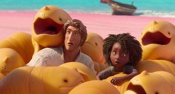 Movie still from “The Sea Beast” (2022), directed by Chris Williams – A couple of people sitting on top of a pile of bananas; Medium shot, High angle