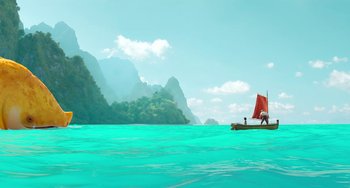 Movie still from “The Sea Beast” (2022), directed by Chris Williams – A boat floating on a body of water near mountains; Extreme Wide shot, Low angle