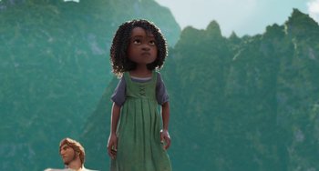 Movie still from “The Sea Beast” (2022), directed by Chris Williams – A young girl standing in front of some mountains; Medium shot, Low angle
