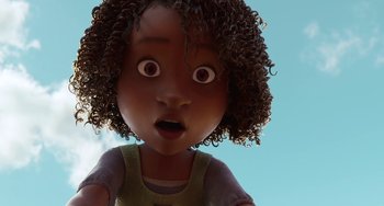 Movie still from “The Sea Beast” (2022), directed by Chris Williams – A doll's face with curly brown hair; Close Up shot, Low angle