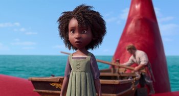Movie still from “The Sea Beast” (2022), directed by Chris Williams – A young girl standing in front of a small boat; Medium shot, Over the shoulder angle