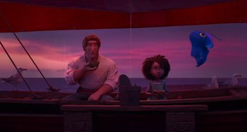 Movie still from “The Sea Beast” (2022), directed by Chris Williams – A man and a woman sitting in front of a window; Medium shot, Low angle