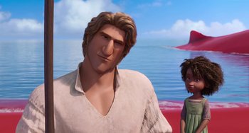 Movie still from “The Sea Beast” (2022), directed by Chris Williams – A man and a woman standing next to each other in front of a body of water; Medium shot, Over the shoulder angle