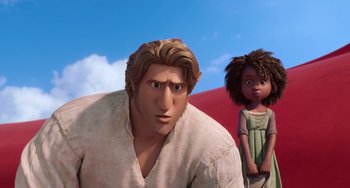 Movie still from “The Sea Beast” (2022), directed by Chris Williams – A man and a woman standing next to each other in front of a sky background; Medium shot, Low angle