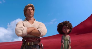 Movie still from “The Sea Beast” (2022), directed by Chris Williams – A man and a woman standing next to each other; Medium shot, Low angle