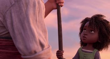 Movie still from “The Sea Beast” (2022), directed by Chris Williams – A young girl holding a wooden stick in front of an older person; Medium shot, Over the shoulder angle
