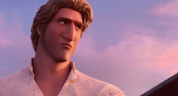 Movie still from “The Sea Beast” (2022), directed by Chris Williams – A man's face in a movie scene; Close Up shot, Low angle