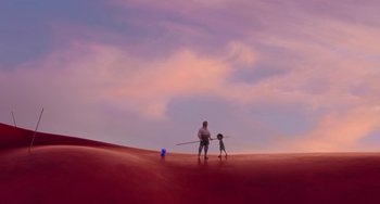 Movie still from “The Sea Beast” (2022), directed by Chris Williams – A man and a child standing on top of a red hill; Extreme Wide shot, High angle