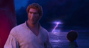 Movie still from “The Sea Beast” (2022), directed by Chris Williams – A man standing in front of a body of water; Medium shot, Low angle