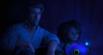 Movie still from “The Sea Beast” (2022), directed by Chris Williams – A man and a woman sitting next to each other in the dark; Medium shot, Over the shoulder angle