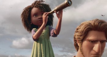 Movie still from “The Sea Beast” (2022), directed by Chris Williams – A young girl is looking through a telescope; Medium shot, Over the shoulder angle