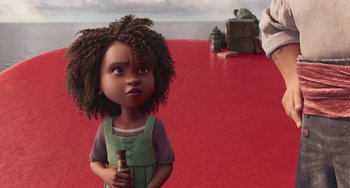 Movie still from “The Sea Beast” (2022), directed by Chris Williams – A little girl is holding a bottle in her hand; Medium shot, Over the shoulder angle