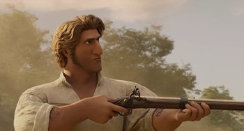 Movie still from “The Sea Beast” (2022), directed by Chris Williams – A man holding a rifle in a field; Close Up shot, Low angle