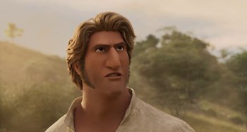 Movie still from “The Sea Beast” (2022), directed by Chris Williams – A man with long brown hair and brown eyes; Close Up shot, Low angle