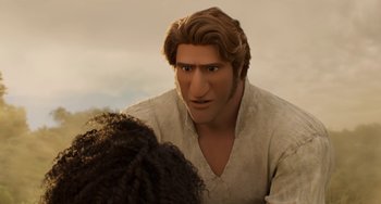 Movie still from “The Sea Beast” (2022), directed by Chris Williams – A man in a white shirt is talking to a woman; Close Up shot, Over the shoulder angle