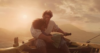 Movie still from “The Sea Beast” (2022), directed by Chris Williams – A man and a woman sitting on a boat; Medium shot, Over the shoulder angle