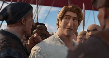 Movie still from “The Sea Beast” (2022), directed by Chris Williams – The head and shoulders of a character; Close Up shot, Over the shoulder angle