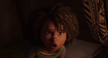 Movie still from “The Sea Beast” (2022), directed by Chris Williams – A person with curly hair looking surprised; Close Up shot, High angle