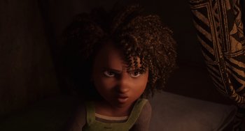 Movie still from “The Sea Beast” (2022), directed by Chris Williams – A child's face in a dark room; Close Up shot, High angle