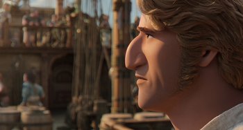 Movie still from “The Sea Beast” (2022), directed by Chris Williams – A man's face with a boat in the background; Close Up shot, Over the shoulder angle