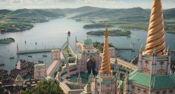 Movie still from “The Sea Beast” (2022), directed by Chris Williams – An aerial view of a castle with a golden roof; Extreme Wide shot, High angle