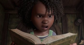 Movie still from “The Sea Beast” (2022), directed by Chris Williams – A little black girl is reading a book; Close Up shot, Low angle