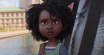 Movie still from “The Sea Beast” (2022), directed by Chris Williams – A black girl with a curly hair and a purse; Close Up shot, High angle
