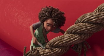 Movie still from “The Sea Beast” (2022), directed by Chris Williams – A young woman is cutting a rope with scissors; Close Up shot, Overhead angle