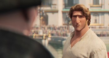 Movie still from “The Sea Beast” (2022), directed by Chris Williams – A man in a white shirt is looking at another man in a black hat; Close Up shot, Over the shoulder angle