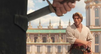 Movie still from “The Sea Beast” (2022), directed by Chris Williams – A man holding a sword in front of another man; Medium shot, Over the shoulder angle