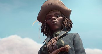 Movie still from “The Sea Beast” (2022), directed by Chris Williams – A woman wearing a pirate's hat and holding a sword; Medium shot, Low angle