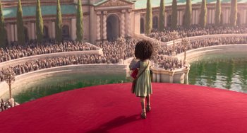 Movie still from “The Sea Beast” (2022), directed by Chris Williams – A person standing in front of an audience on a red carpet; Extreme Wide shot, High angle