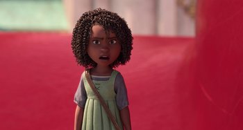 Movie still from “The Sea Beast” (2022), directed by Chris Williams – A cartoon of a young girl with a purse; Medium shot, Over the shoulder angle