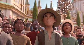 Movie still from “The Sea Beast” (2022), directed by Chris Williams – A group of people that are standing in the street; Medium shot, Low angle