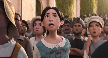 Movie still from “The Sea Beast” (2022), directed by Chris Williams – A group of people that are standing in a crowd; Medium shot, Low angle